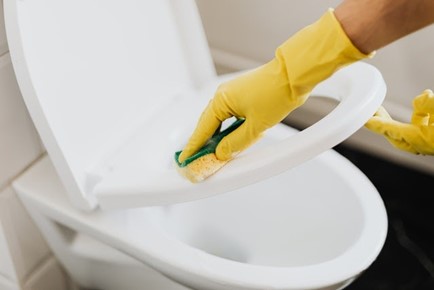A person scrubbing a toilet seat