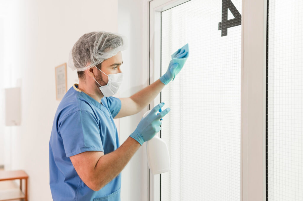 Staff following healthcare facility cleaning requirements.