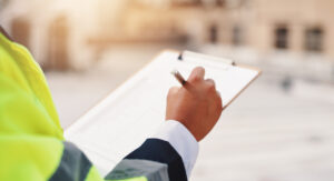 Facility manager reviewing a commercial cleaning checklist on a clipboard while walking through a large office building corridor.